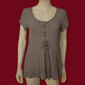 KIKI LARUE Nautical Striped Navy and White Lace-up Hi-low Short Sleeve Tunic